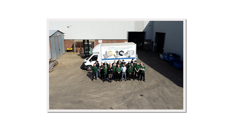 Aerial view of the team outside the Pickering Perforated Products factory in Warwick in 2024